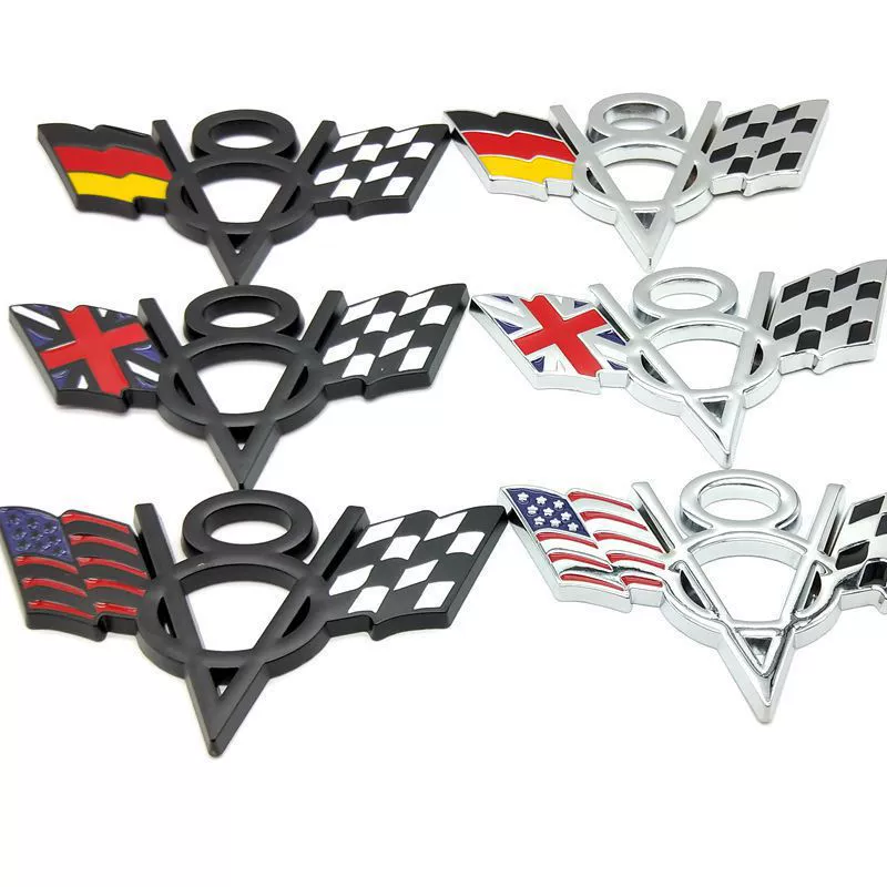 10.4*6.2cm Metal V8 Car Sticker with National Flag of USA Germany UK for Chevrolet Ford Jeep Dodge Netby