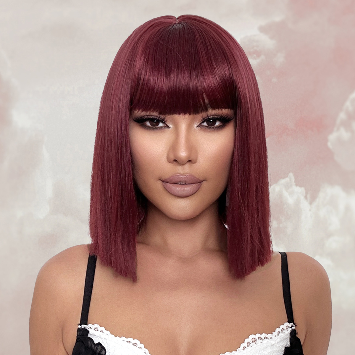 12 Inches Short Straight Synthetic Fiber Hair Bob Wig with Bangs High Temperature Fiber Full Machine Made Net Netby