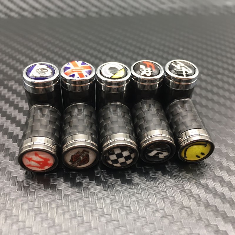 Carbon Fiber Style Car Wheel Tire Valve Cap Anti Dust Theft With Logo Silver Black Color Netby