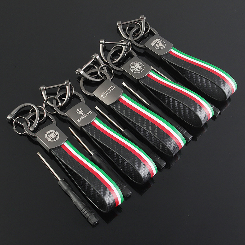 3 Strip Carbon Fiber Print Car Logo Keychain Keyring Keyfob for Alfa Romeo Abarth Fiat 500 Maserati Italy National Flag Netby