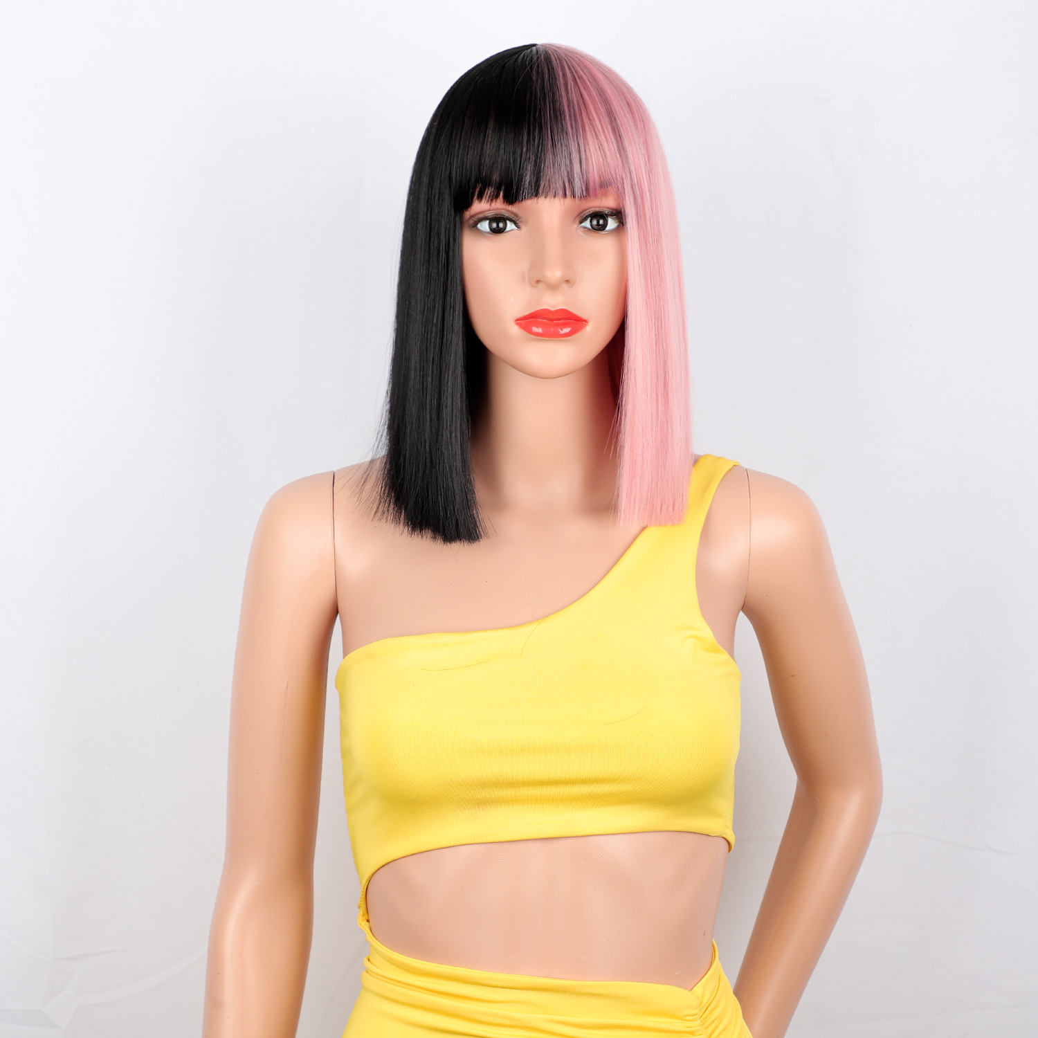 12 Inches Short Straight Synthetic Fiber Hair Bob Wig with Bangs High Temperature Fiber Full Machine Made Net Netby