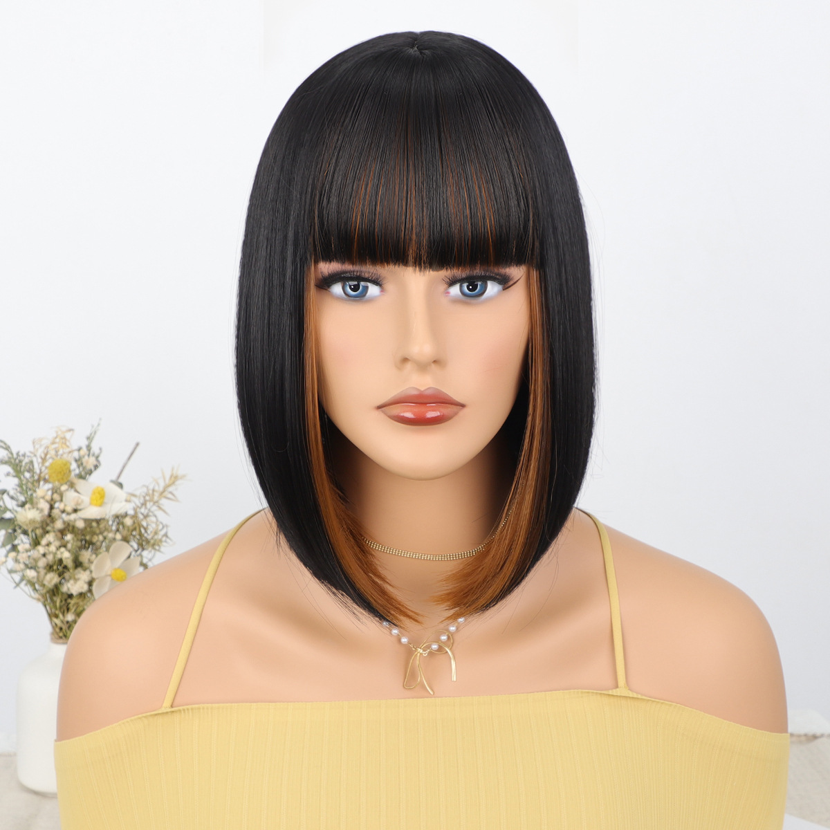 12 Inches Short Straight Synthetic Fiber Hair Bob Wig with Bangs High Temperature Fiber Full Machine Made Net Netby