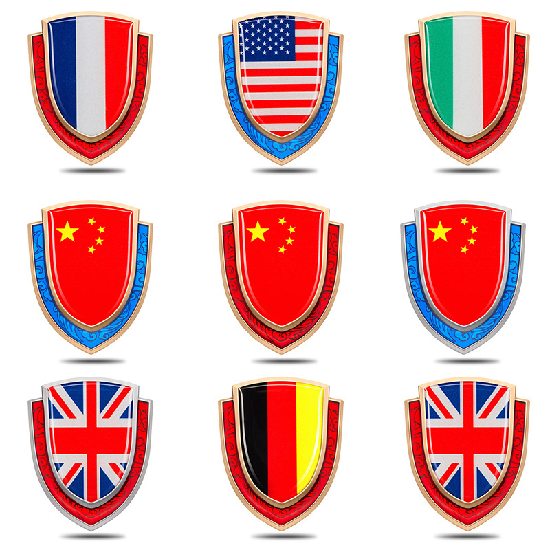 Metal Shield Style National Flag Car Sticker for China USA UK France Germany Italy Netby