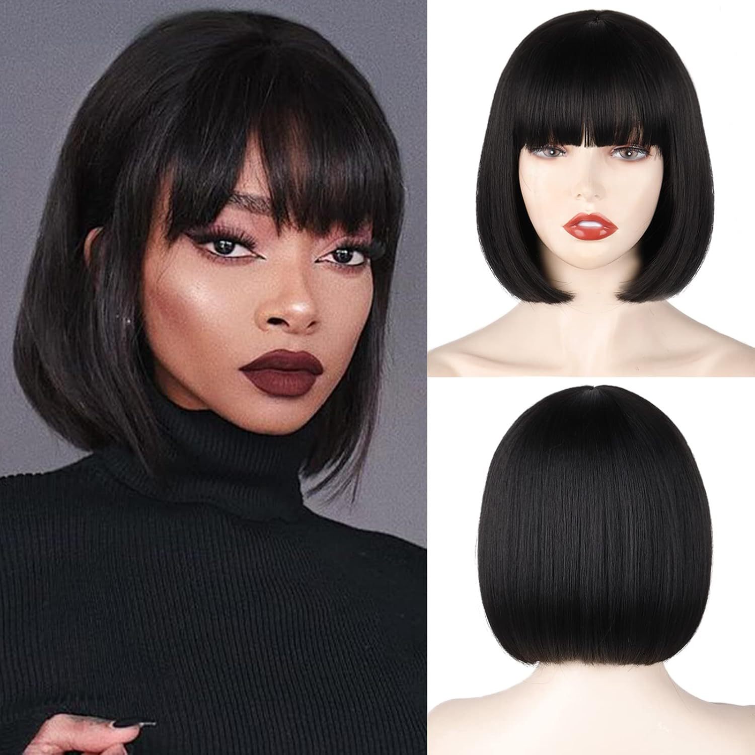 12 Inches Short Straight Synthetic Fiber Hair Bob Wig with Bangs High Temperature Fiber Full Machine Made Net Netby
