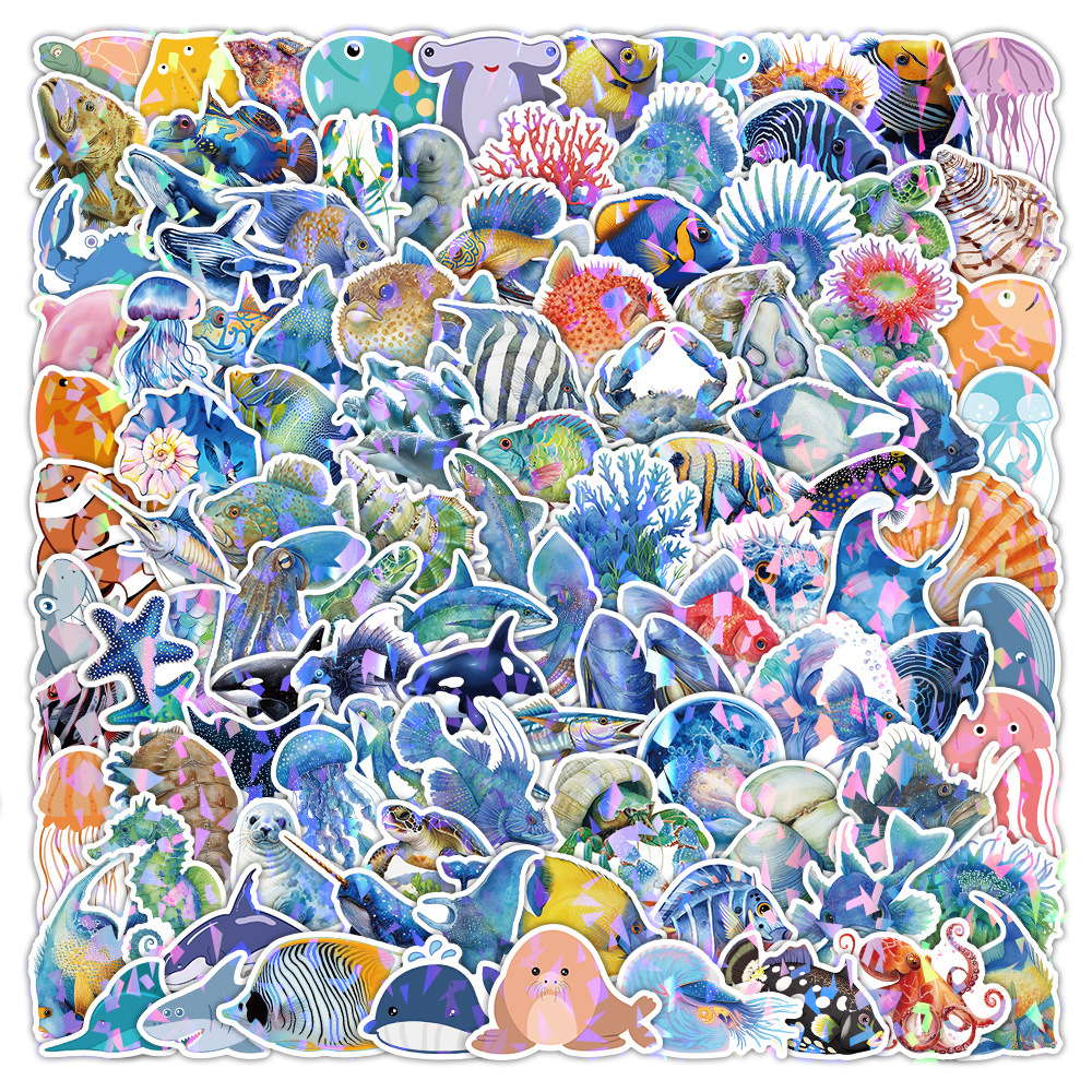200pcs/pack Cartoon Holographic Marine Creature Life Sticker Waterproof Netby