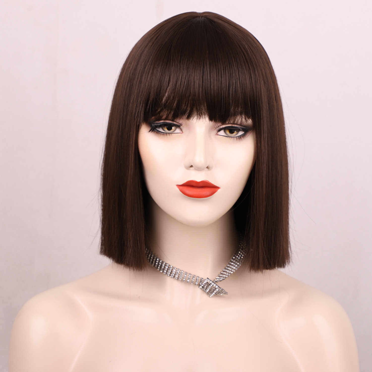 12 Inches Short Straight Synthetic Fiber Hair Bob Wig with Bangs High Temperature Fiber Full Machine Made Net Netby
