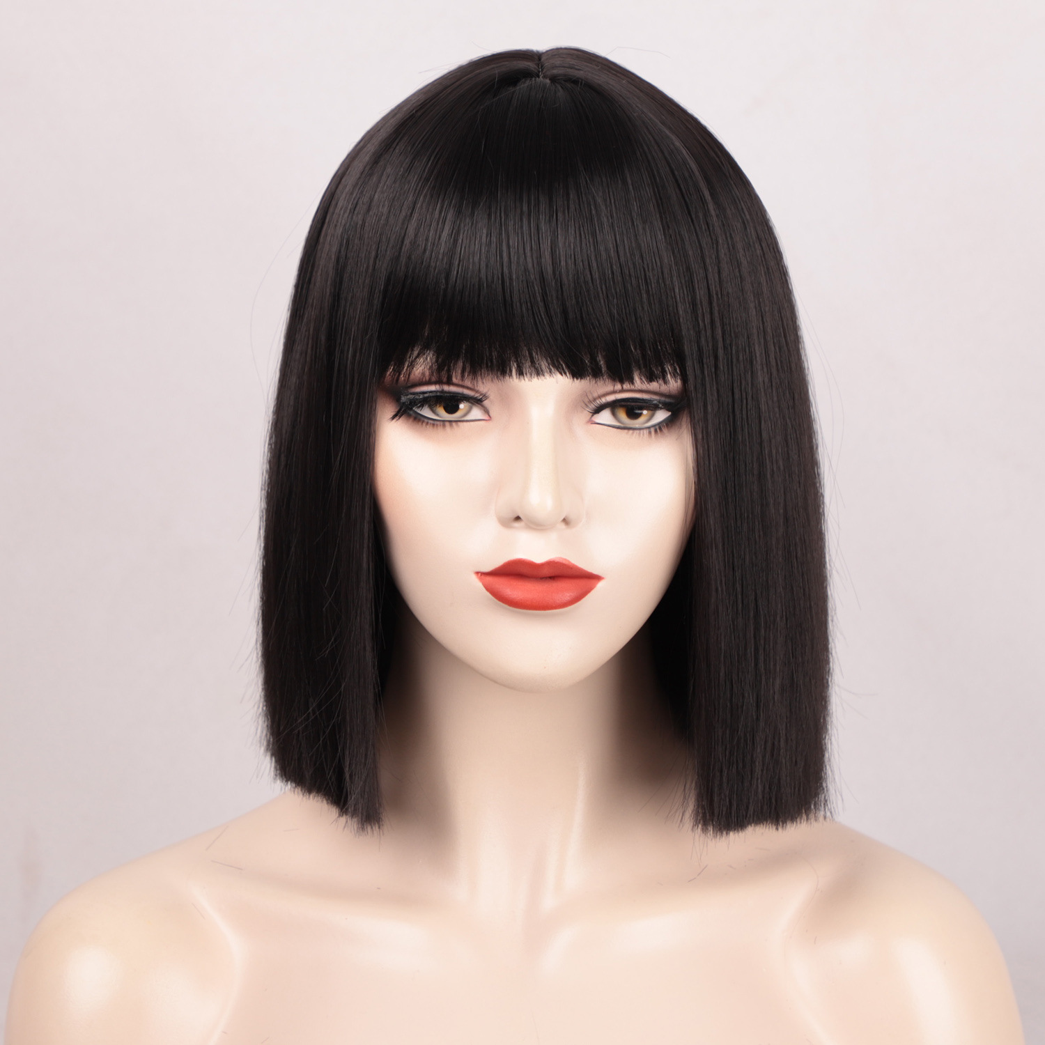 12 Inches Short Straight Synthetic Fiber Hair Bob Wig with Bangs High Temperature Fiber Full Machine Made Net Netby