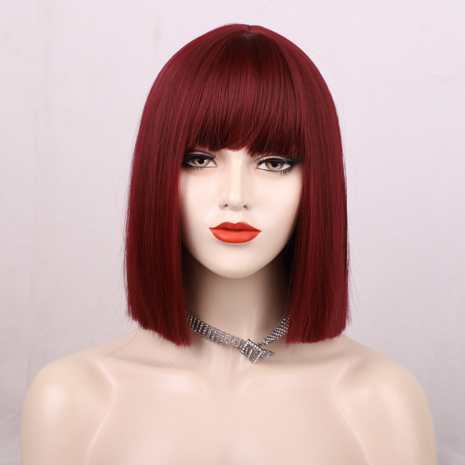 12 Inches Short Straight Synthetic Fiber Hair Bob Wig with Bangs High Temperature Fiber Full Machine Made Net Netby