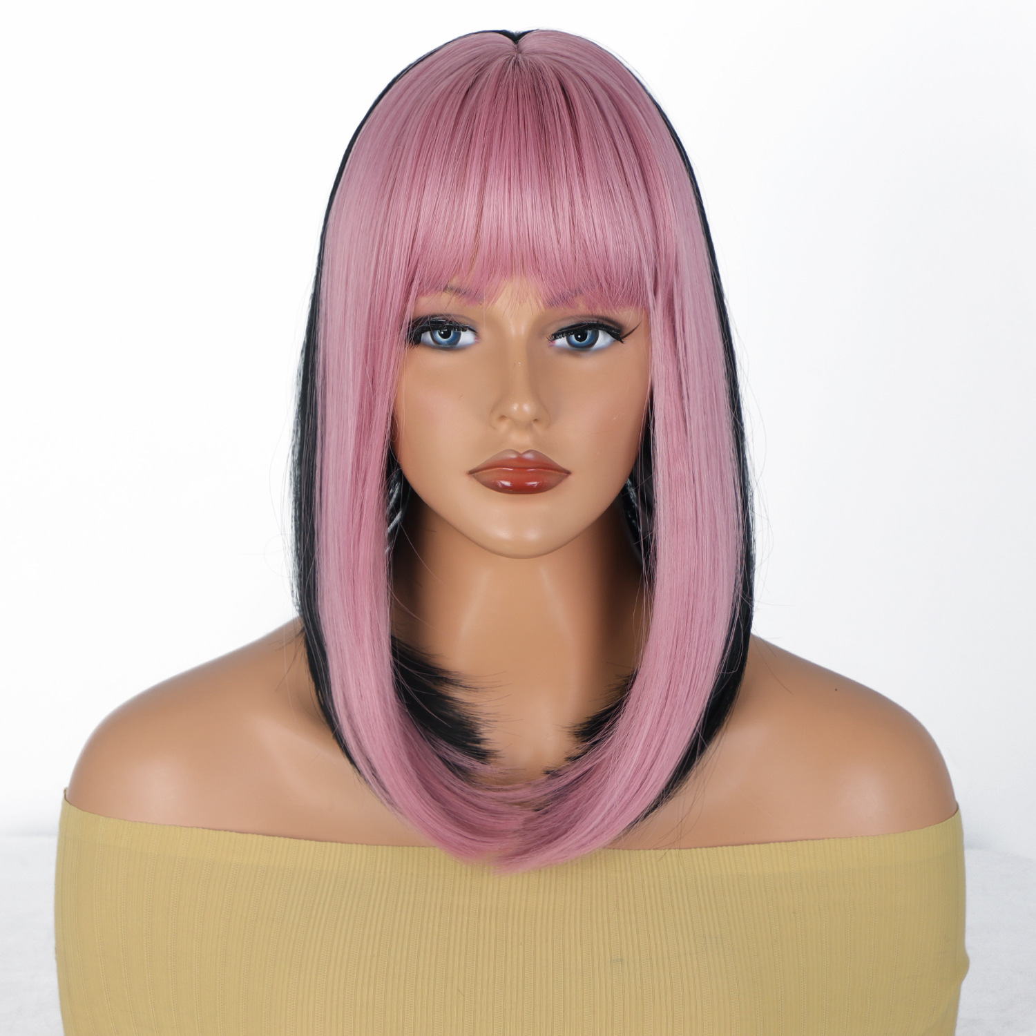 12 Inches Short Straight Synthetic Fiber Hair Bob Wig with Bangs High Temperature Fiber Full Machine Made Net Netby