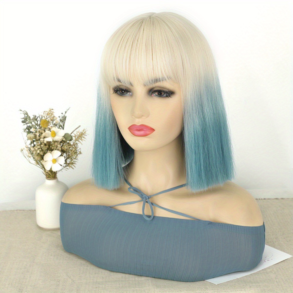 12 Inches Short Straight Synthetic Fiber Hair Bob Wig with Bangs High Temperature Fiber Full Machine Made Net Netby