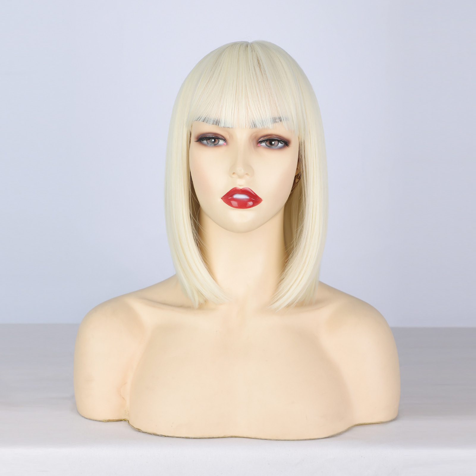12 Inches Short Straight Synthetic Fiber Hair Bob Wig with Bangs High Temperature Fiber Full Machine Made Net Netby