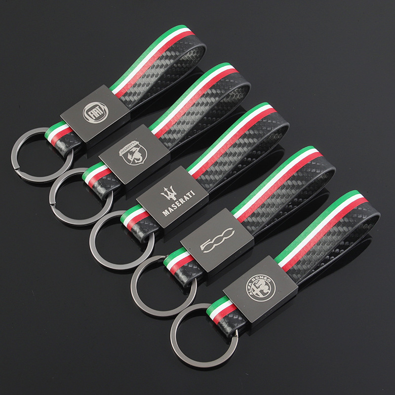 3 Strip Carbon Fiber Print Car Logo Keychain Keyring Keyfob for Alfa Romeo Abarth Fiat 500 Maserati Italy National Flag Netby