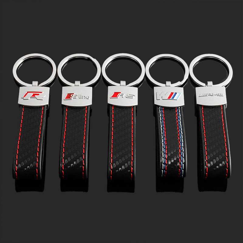 Leather Carbon Fiber Print Car Logo Keychain Keyring Keyfob for Audi Sline RS Benz AMG BMW M Volkswagen VW R RLINE Netby