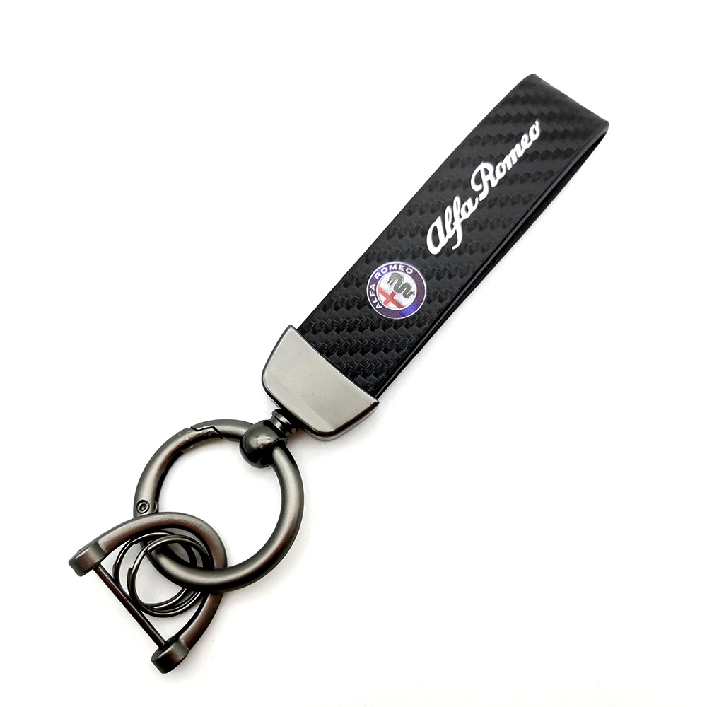 Car logo keychain carbon fiber leather car with anti-loss key rope high-grade accessories pendant foreign trade sales