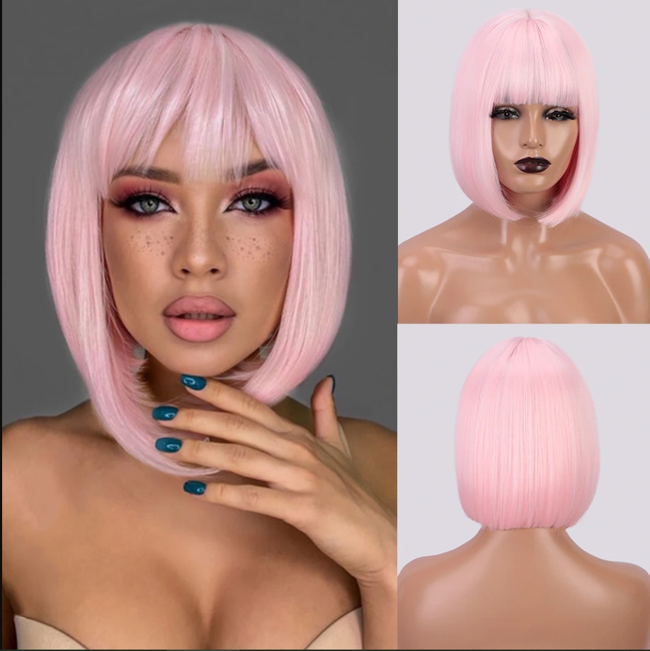 12 Inches Short Straight Synthetic Fiber Hair Bob Wig with Bangs High Temperature Fiber Full Machine Made Net Netby