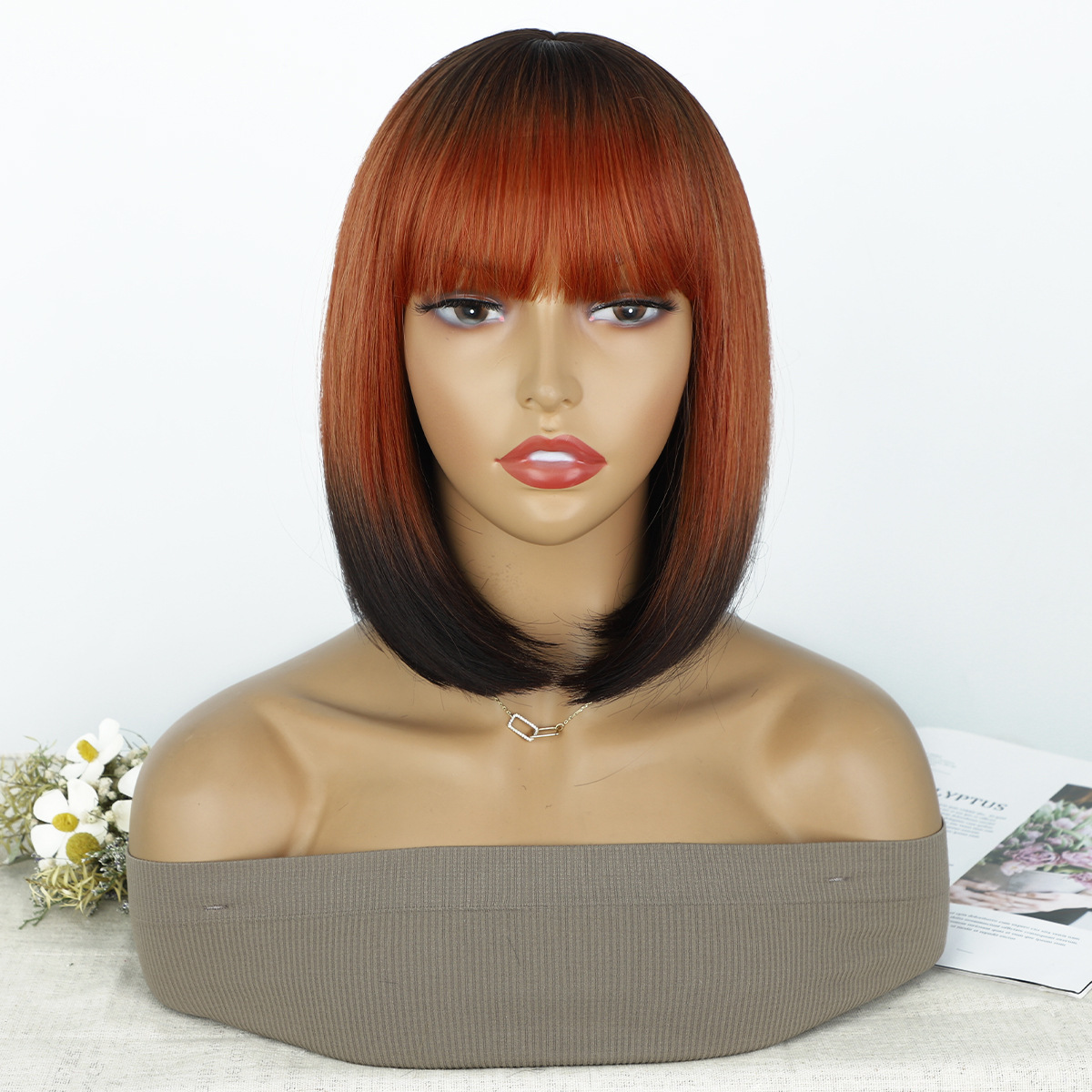 12 Inches Short Straight Synthetic Fiber Hair Bob Wig with Bangs High Temperature Fiber Full Machine Made Net Netby