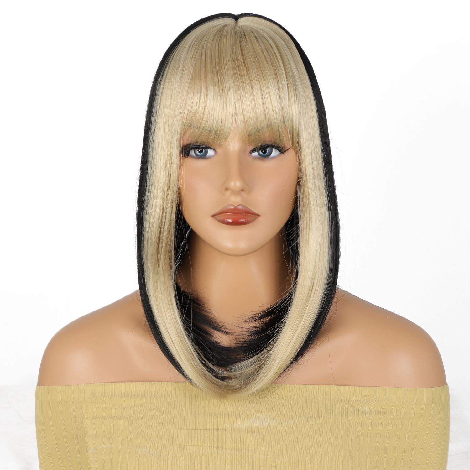 12 Inches Short Straight Synthetic Fiber Hair Bob Wig with Bangs High Temperature Fiber Full Machine Made Net Netby