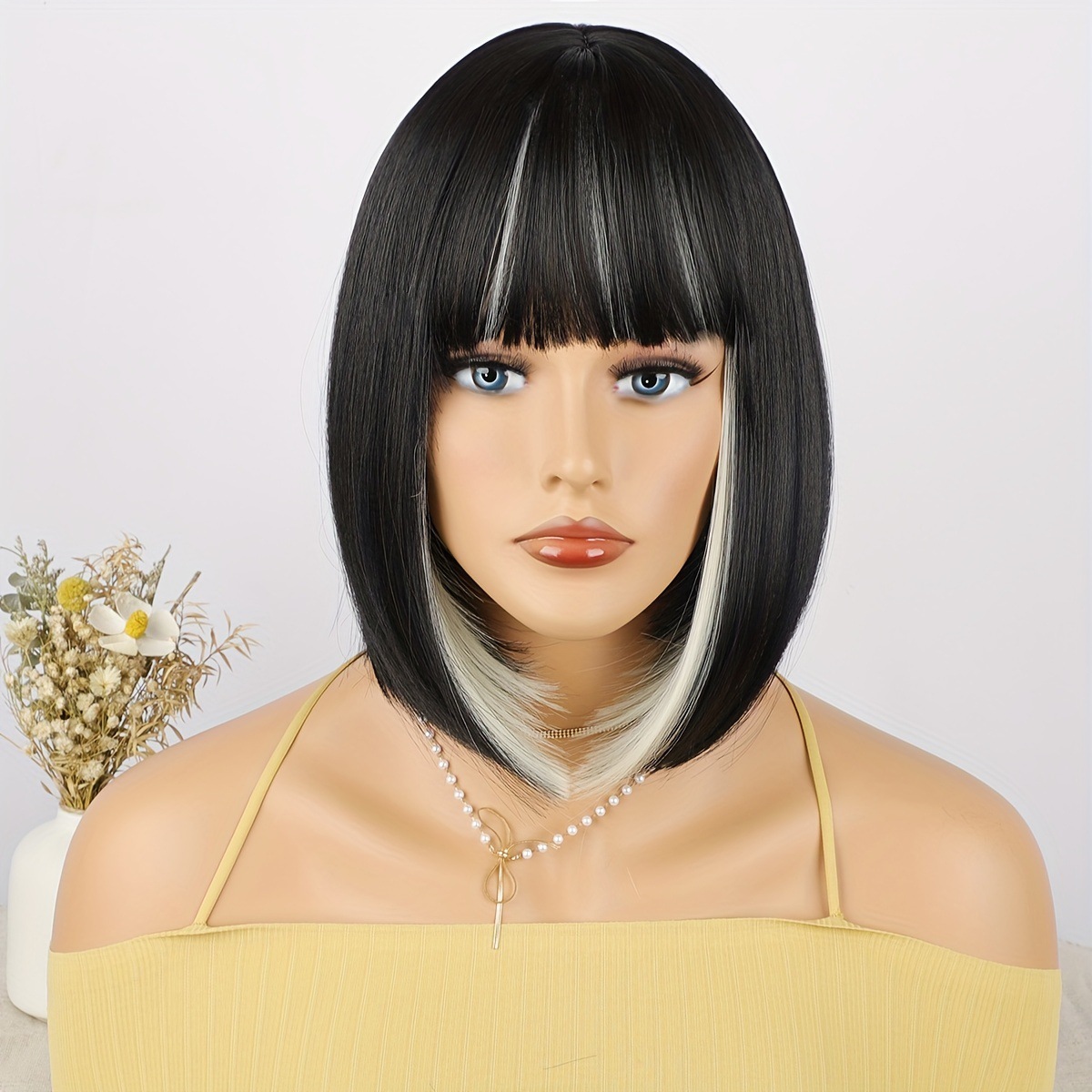 12 Inches Short Straight Synthetic Fiber Hair Bob Wig with Bangs High Temperature Fiber Full Machine Made Net Netby