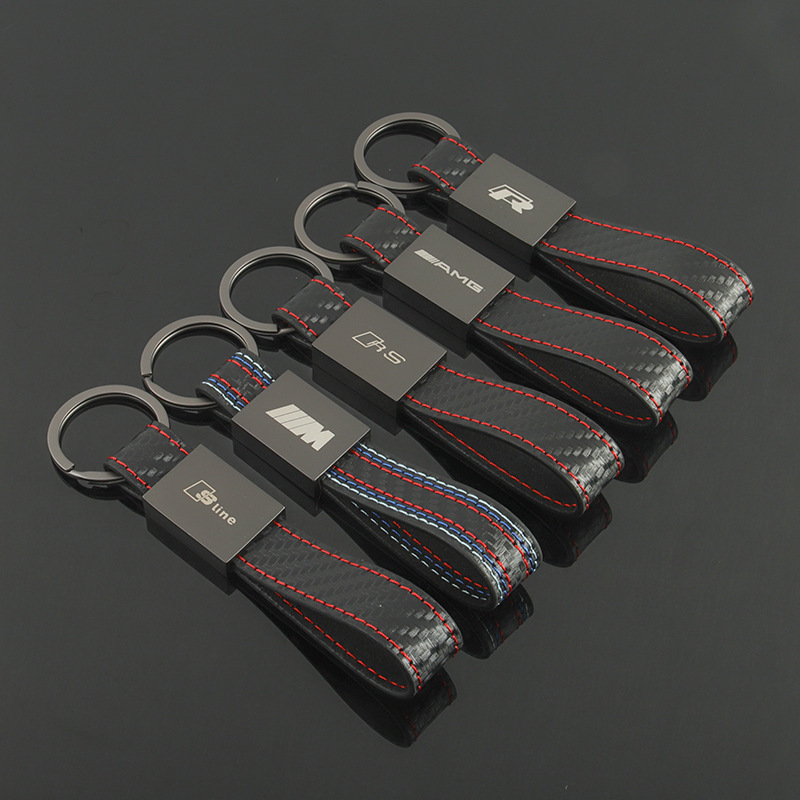 Leather Carbon Fiber Print Car Logo Keychain Keyring Keyfob for Audi Sline RS Benz AMG BMW M Volkswagen VW R RLINE Netby
