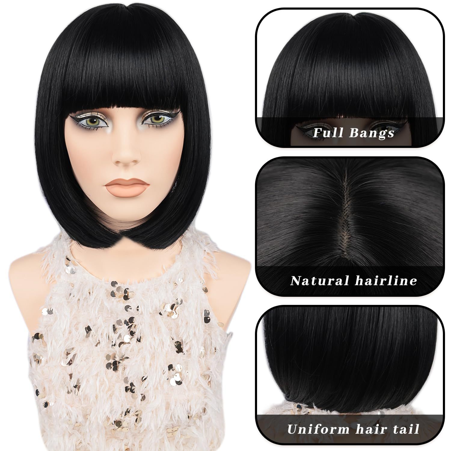 12 Inches Short Straight Synthetic Fiber Hair Bob Wig with Bangs High Temperature Fiber Full Machine Made Net Netby