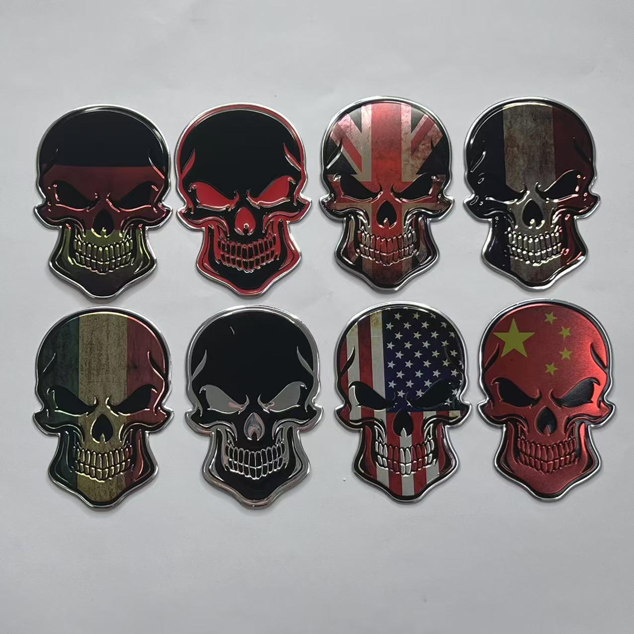 Metal Skull Car Sticker with National Flag of China USA Italy France Germany UK Netby