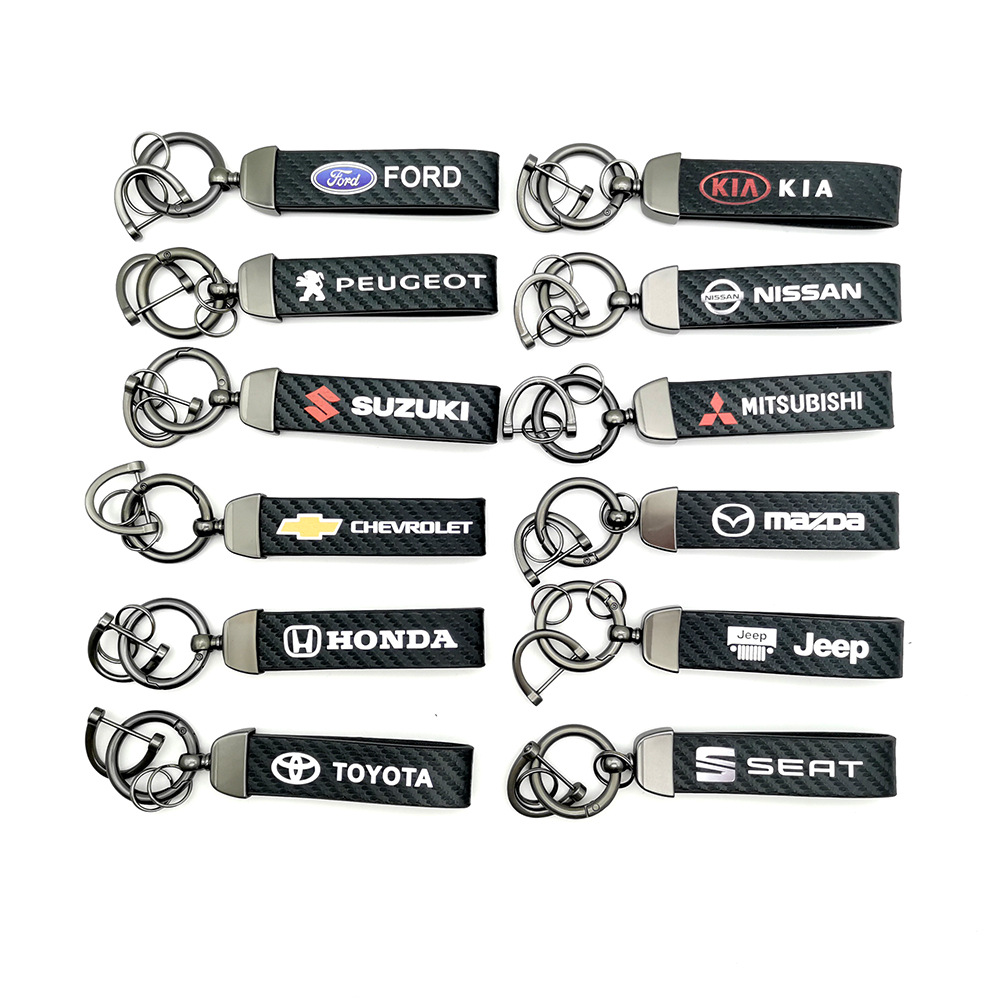 Car logo keychain carbon fiber leather car with anti-loss key rope high-grade accessories pendant foreign trade sales