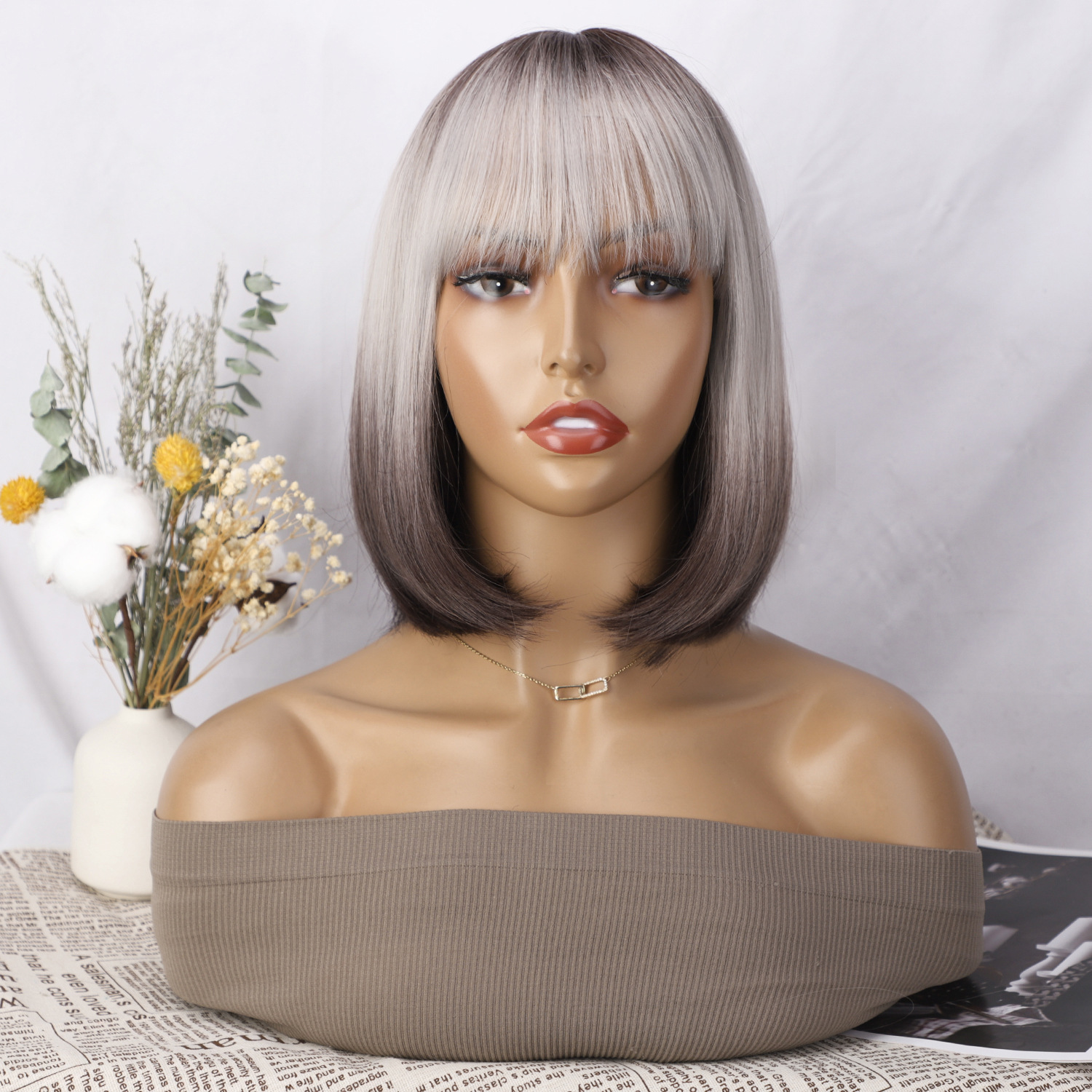12 Inches Short Straight Synthetic Fiber Hair Bob Wig with Bangs High Temperature Fiber Full Machine Made Net Netby