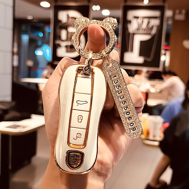 Silicon Car Key Case for Porsche Cayenne Macan Panamera 718 Netby White Golden