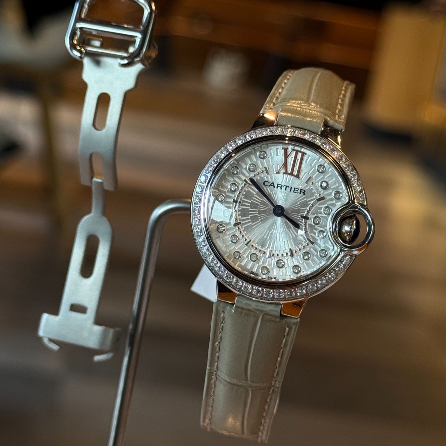 Cartier Blue Ballon Wrist Quartz Watch Fisheye Glass Leather Watch Band Silver Color Case Netby