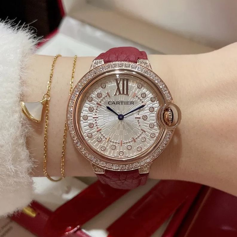 Cartier Wrist Quartz Watch Fisheye Glass Red Color Lychee Grain Leather Watch Band Netby