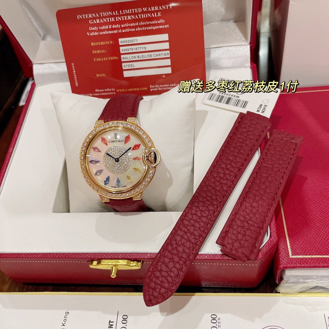 Cartier Wrist Quartz Watch Fisheye Glass Red Color Lychee Grain Leather Watch Band Netby