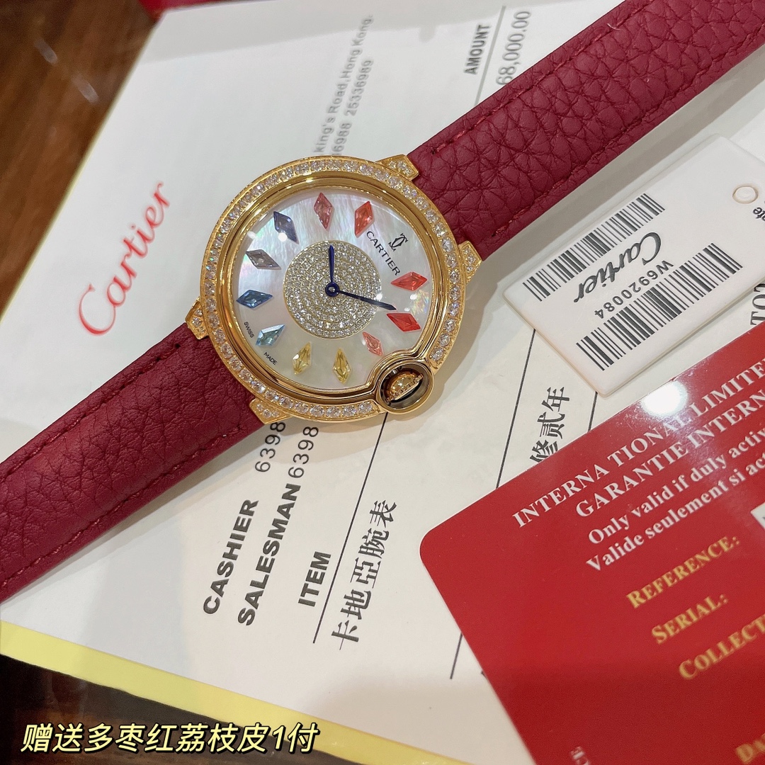 Cartier Wrist Quartz Watch Fisheye Glass Red Color Lychee Grain Leather Watch Band Netby
