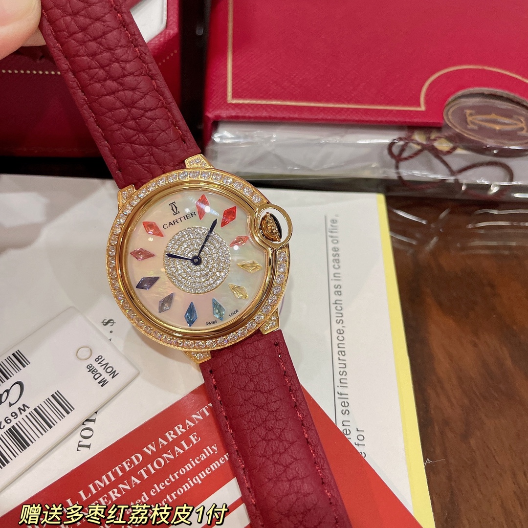 Cartier Wrist Quartz Watch Fisheye Glass Red Color Lychee Grain Leather Watch Band Netby