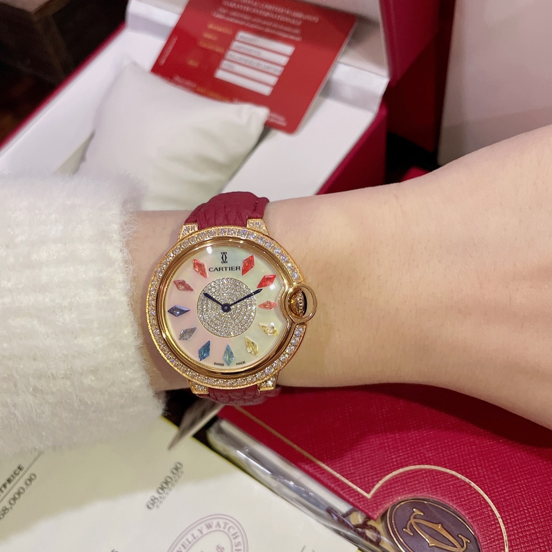 Cartier Wrist Quartz Watch Fisheye Glass Red Color Lychee Grain Leather Watch Band Netby