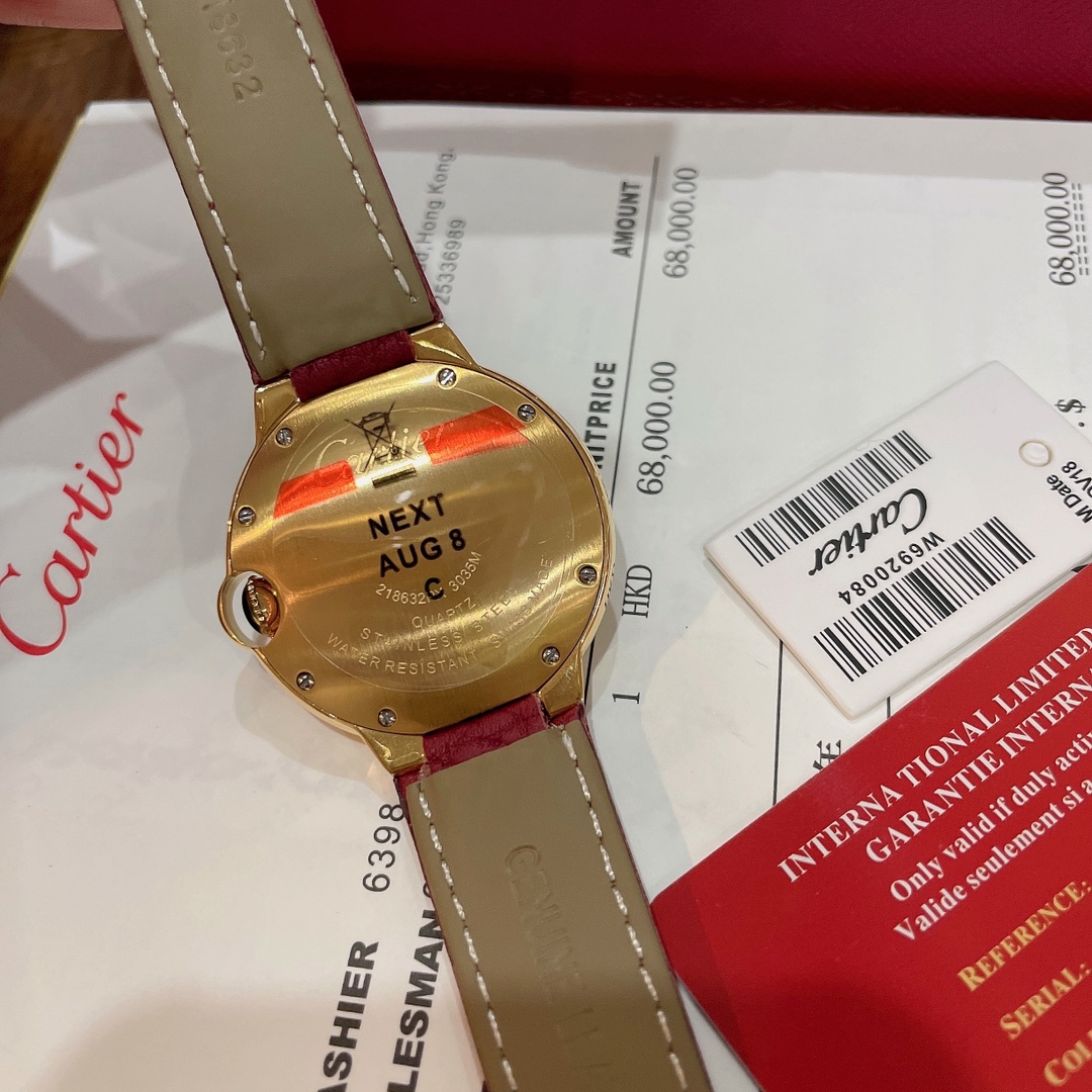 Cartier Wrist Quartz Watch Fisheye Glass Red Color Lychee Grain Leather Watch Band Netby