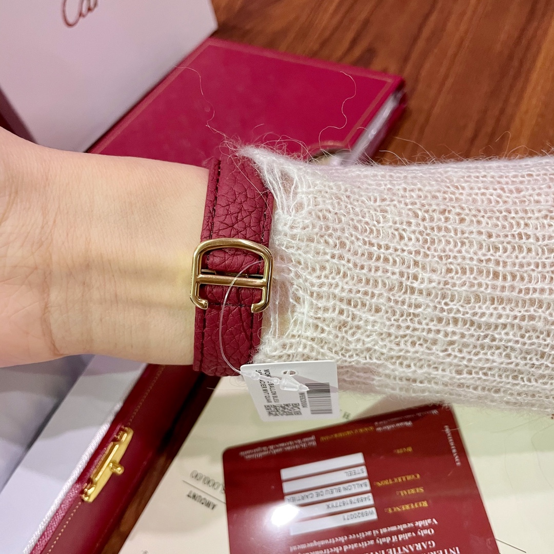 Cartier Wrist Quartz Watch Fisheye Glass Red Color Lychee Grain Leather Watch Band Netby