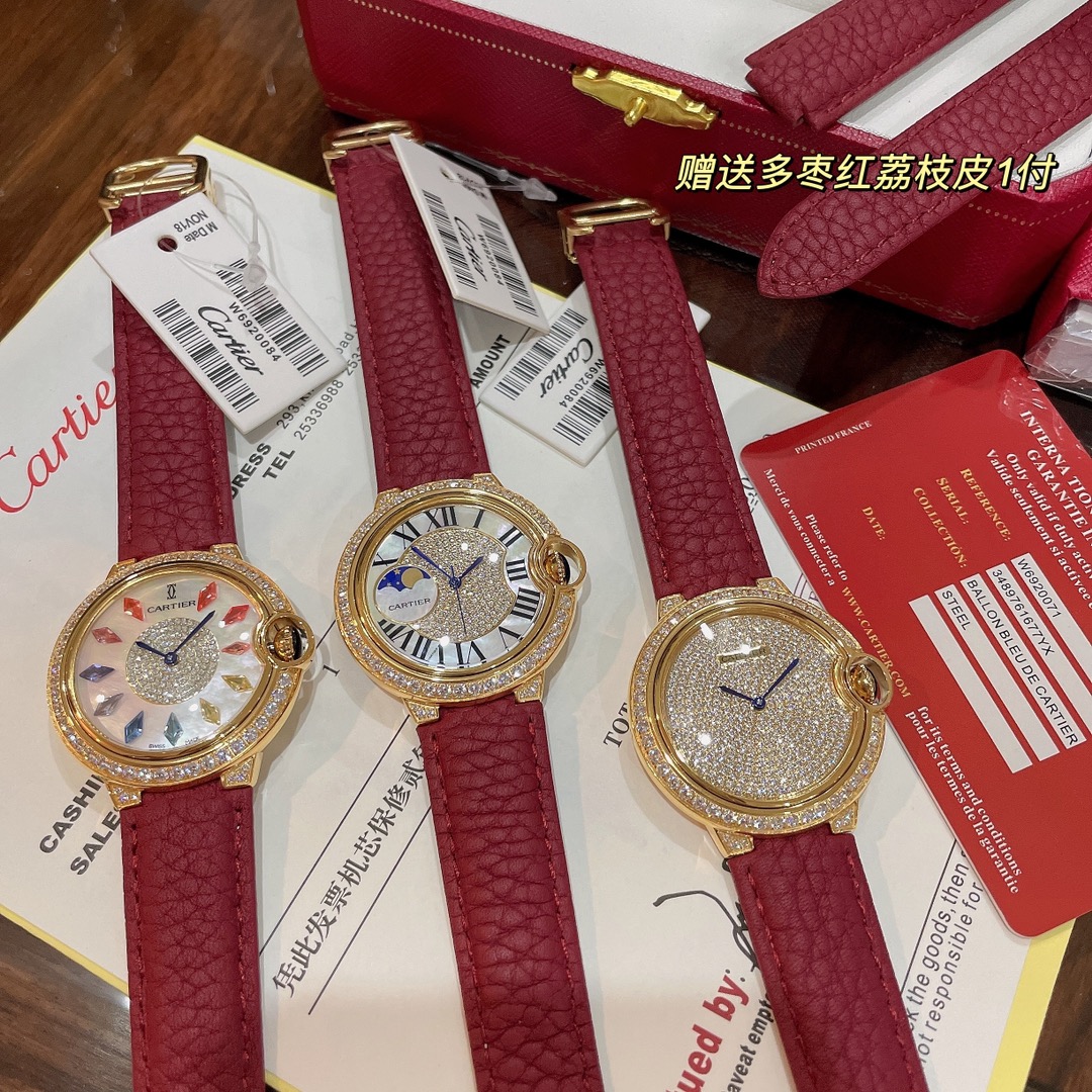 Cartier Wrist Quartz Watch Fisheye Glass Red Color Lychee Grain Leather Watch Band Netby