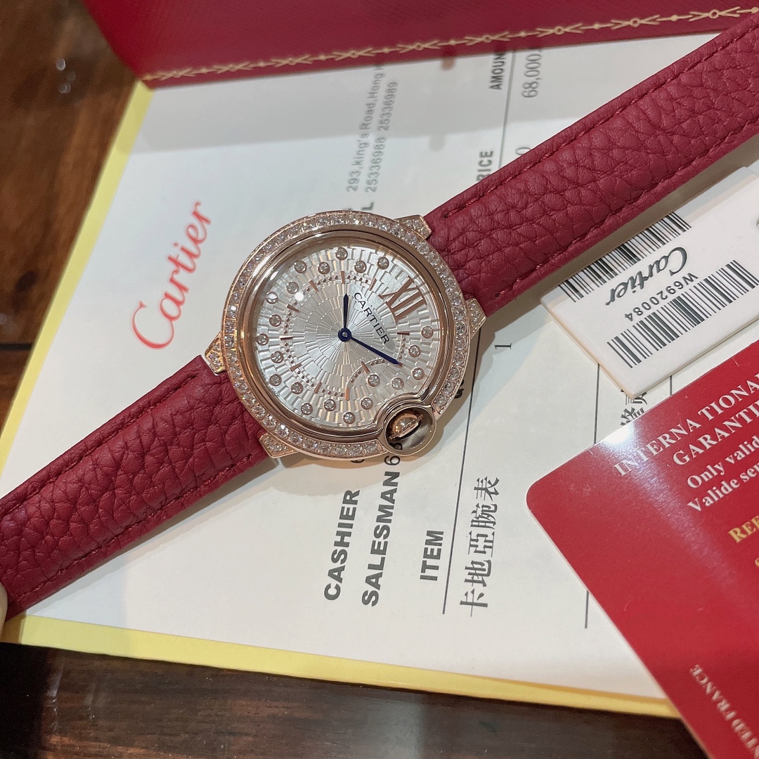 Cartier Wrist Quartz Watch Fisheye Glass Red Color Lychee Grain Leather Watch Band Netby
