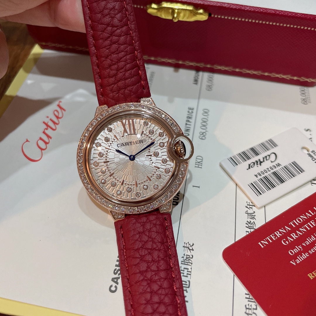 Cartier Wrist Quartz Watch Fisheye Glass Red Color Lychee Grain Leather Watch Band Netby