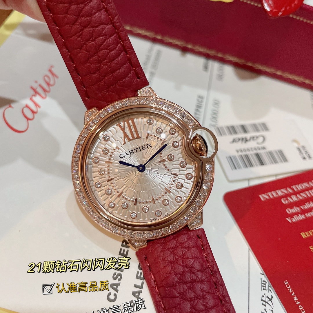 Cartier Wrist Quartz Watch Fisheye Glass Red Color Lychee Grain Leather Watch Band Netby