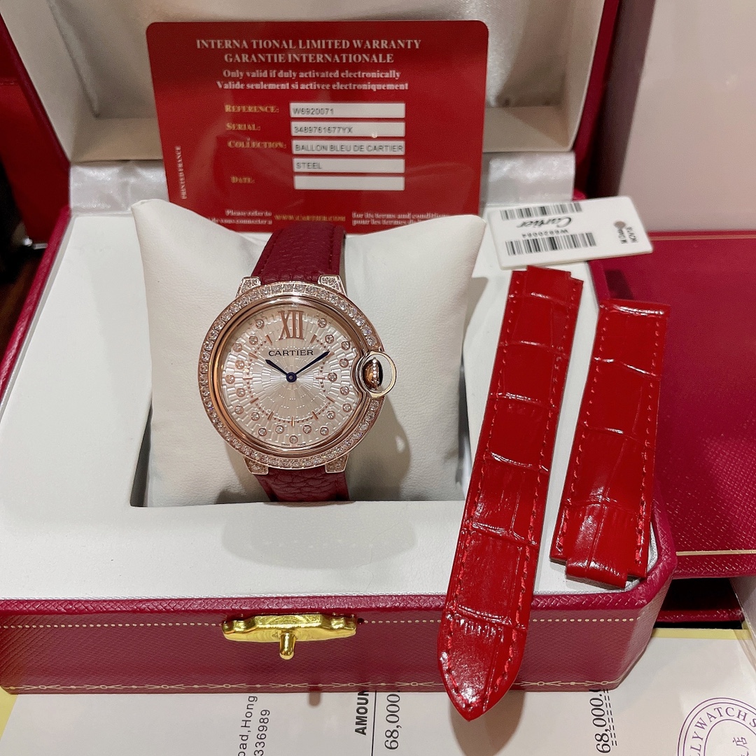 Cartier Wrist Quartz Watch Fisheye Glass Red Color Lychee Grain Leather Watch Band Netby