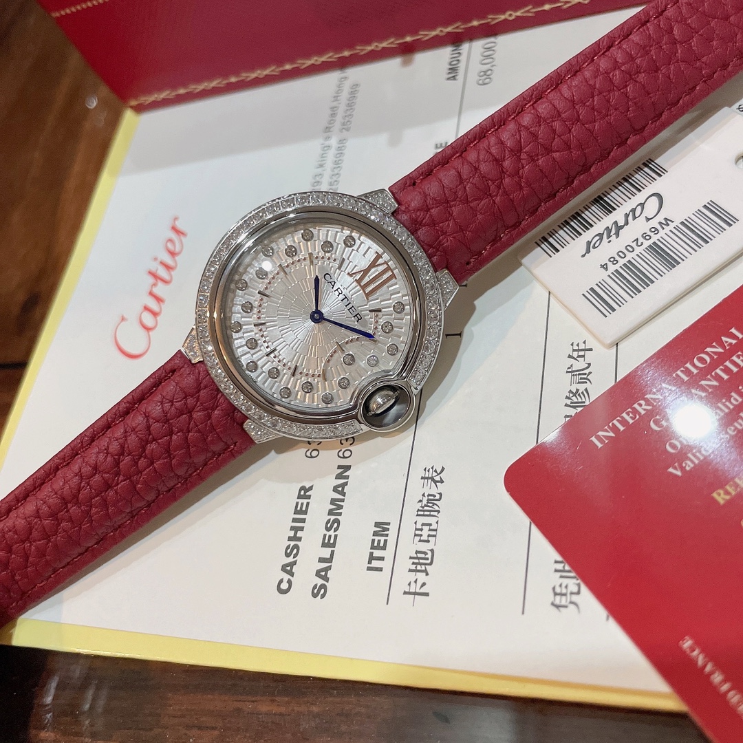 Cartier Wrist Quartz Watch Fisheye Glass Red Color Lychee Grain Leather Watch Band Netby