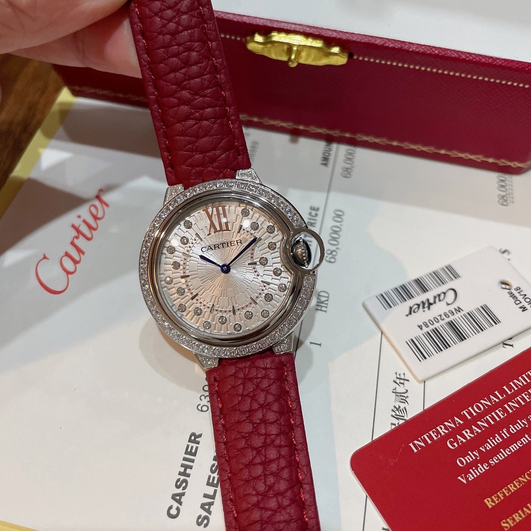 Cartier Wrist Quartz Watch Fisheye Glass Red Color Lychee Grain Leather Watch Band Netby