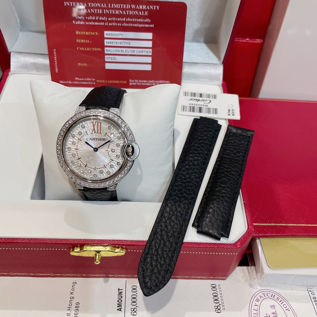 Cartier Wrist Quartz Watch Fisheye Glass Black Color Lychee Grain Leather Watch Band Netby