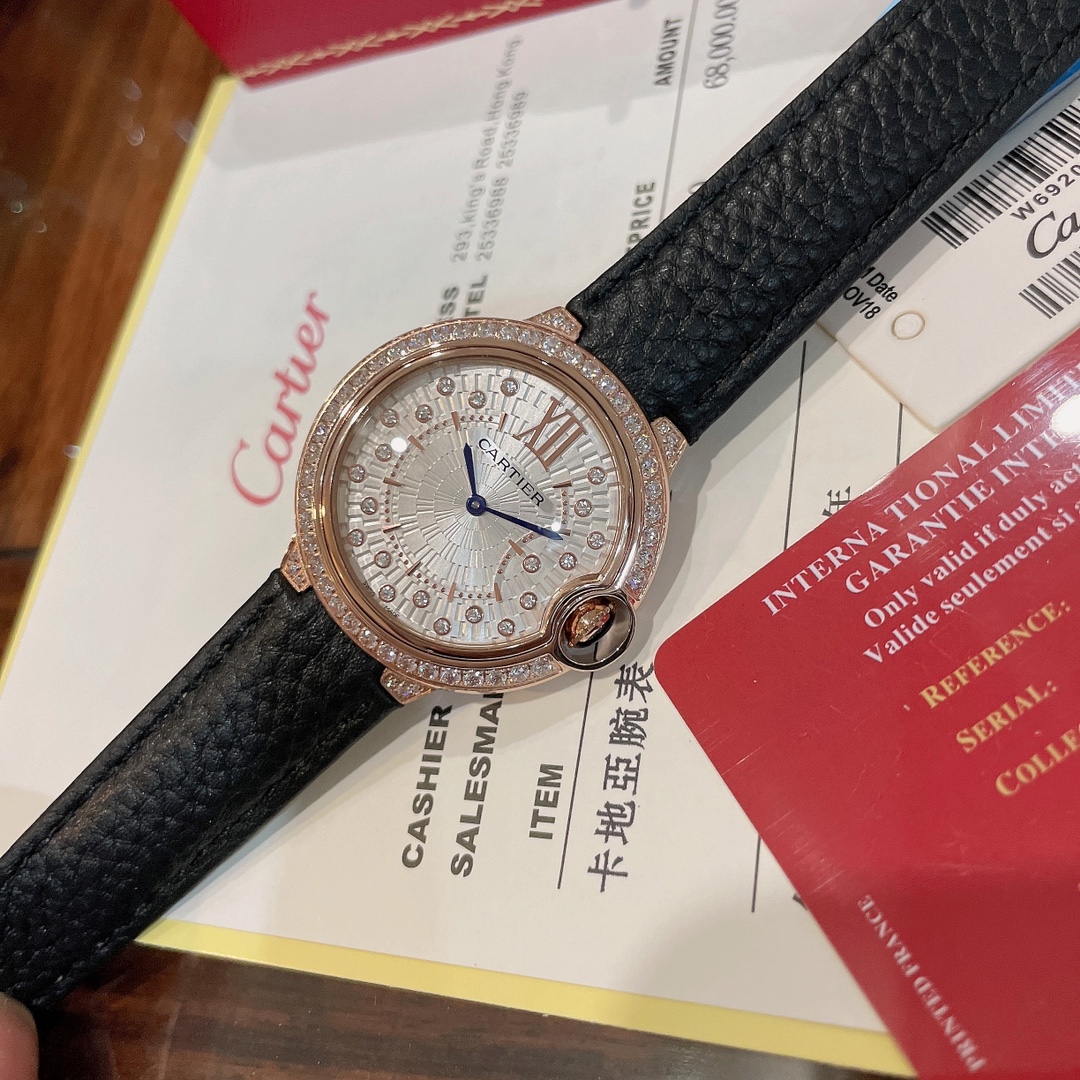 Cartier Wrist Quartz Watch Fisheye Glass Black Color Lychee Grain Leather Watch Band Netby