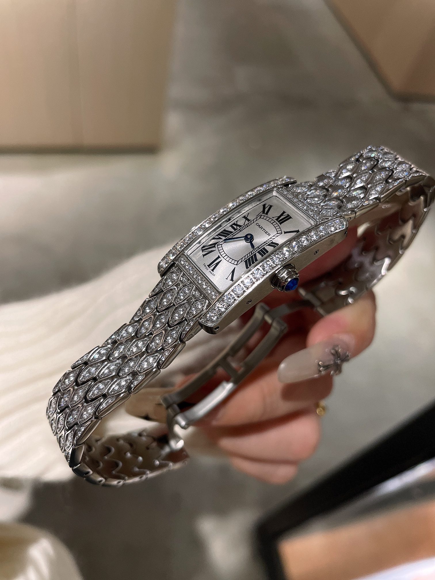 Cartier Wrist Quartz Watch Fisheye Glass Silver Color Stainless Steel Watch Band Full Diamond Netby