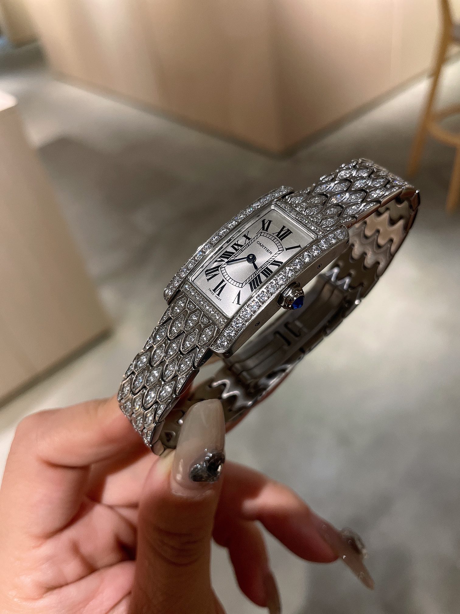 Cartier Wrist Quartz Watch Fisheye Glass Silver Color Stainless Steel Watch Band Full Diamond Netby