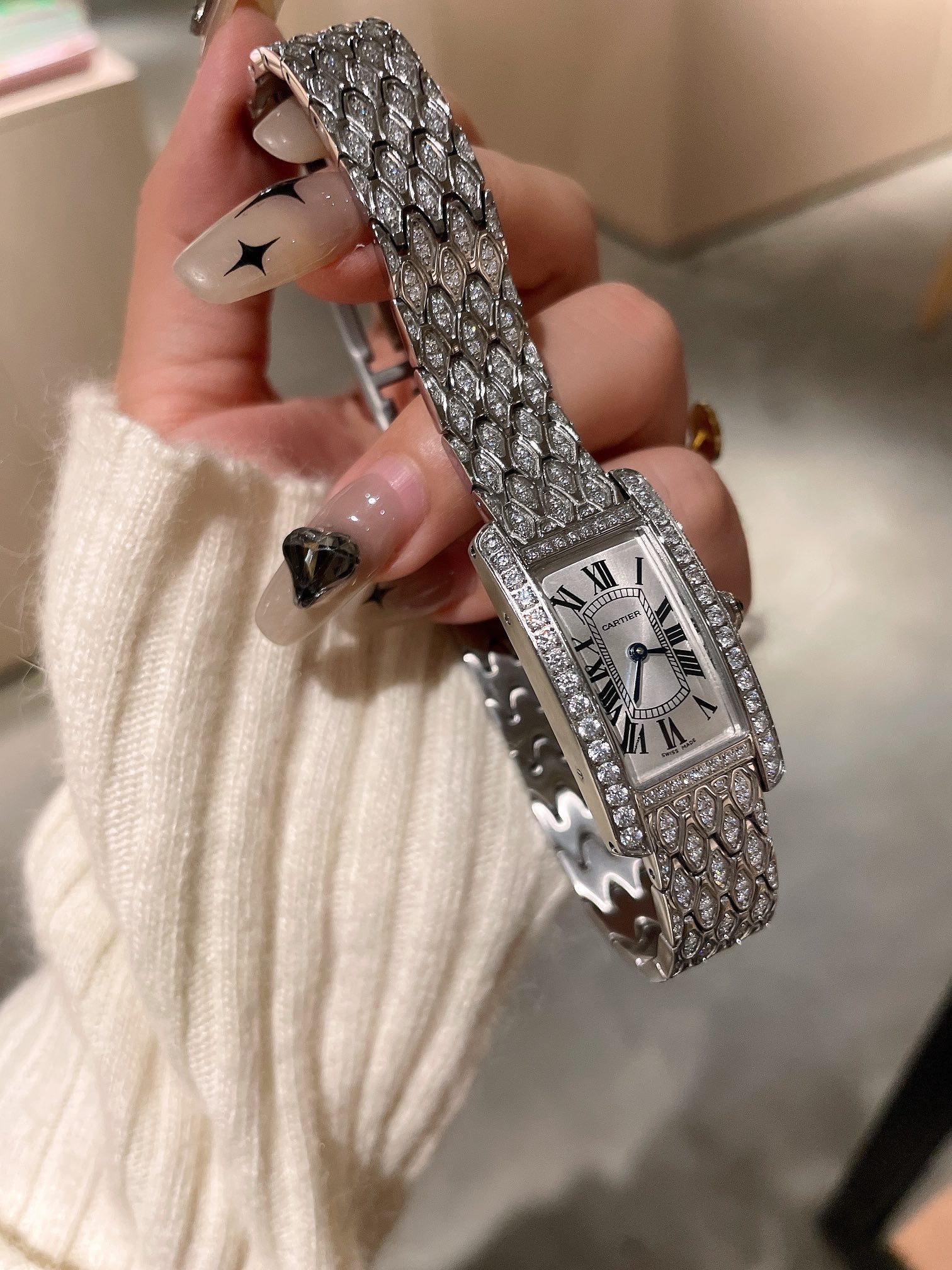Cartier Wrist Quartz Watch Fisheye Glass Silver Color Stainless Steel Watch Band Full Diamond Netby