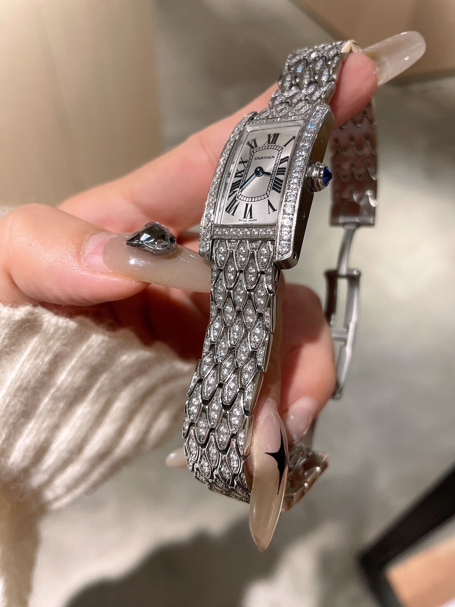 Cartier Wrist Quartz Watch Fisheye Glass Silver Color Stainless Steel Watch Band Full Diamond Netby