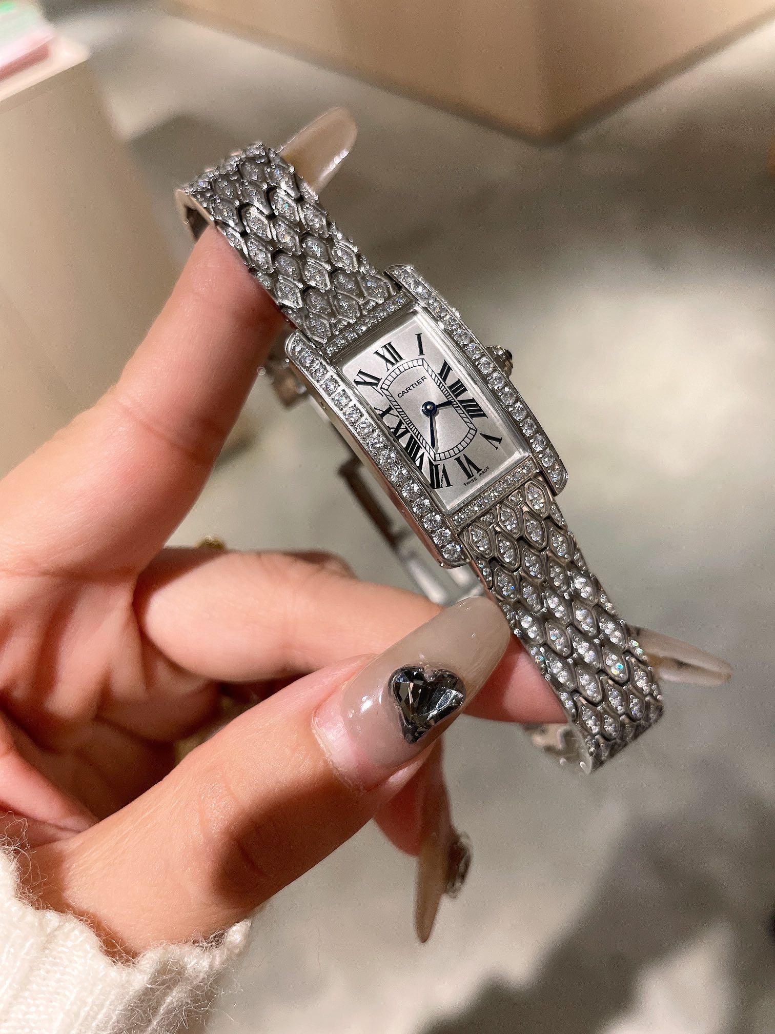 Cartier Wrist Quartz Watch Fisheye Glass Silver Color Stainless Steel Watch Band Full Diamond Netby